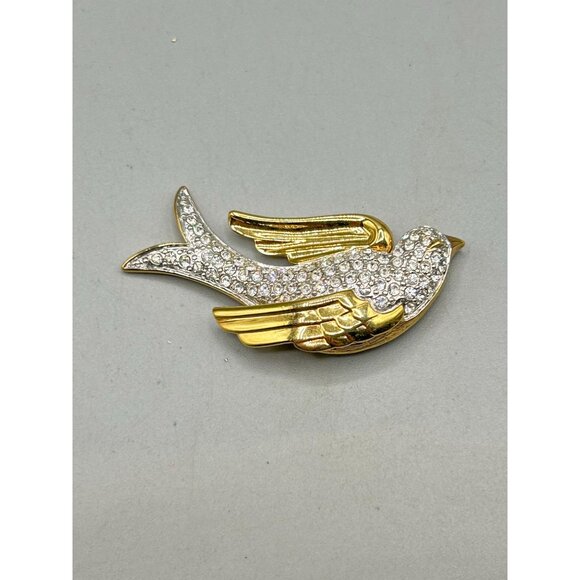 Vintage Nolan Miller Rhinestone Bird Brooch Dove Of Peace Clear Crystals Over Go - Picture 6 of 9